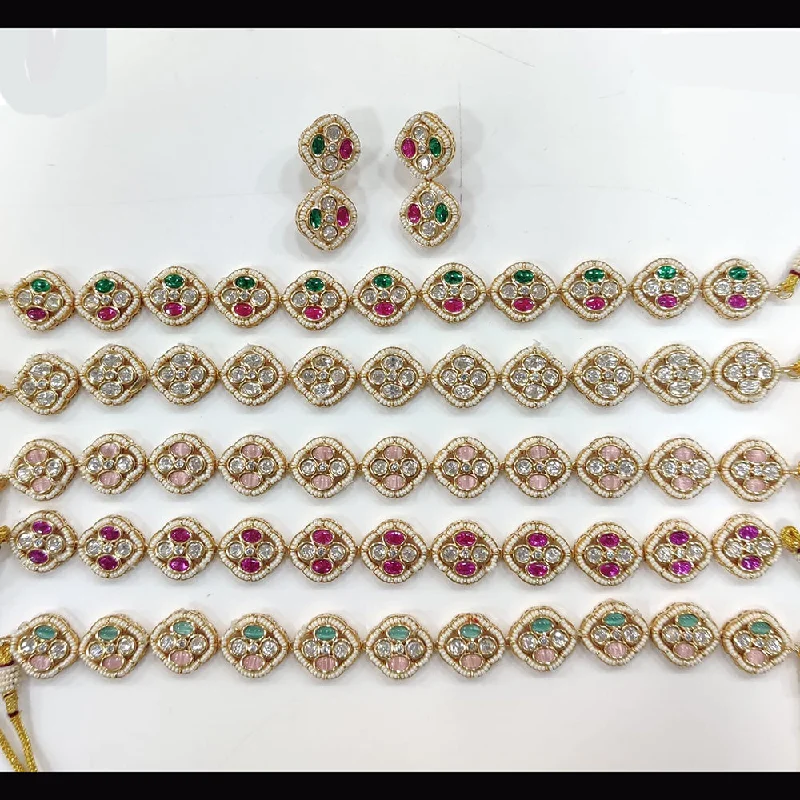 women’s choker necklaces-JCM Gold Plated Gold Plated Polki Kundan And Pearls Choker Necklace Set