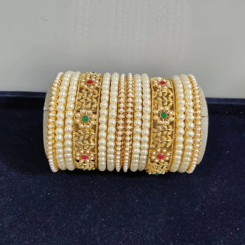 women’s friendship bracelets-Pooja Bangles Gold Plated Crystal Stone And Pearls Bangles Set