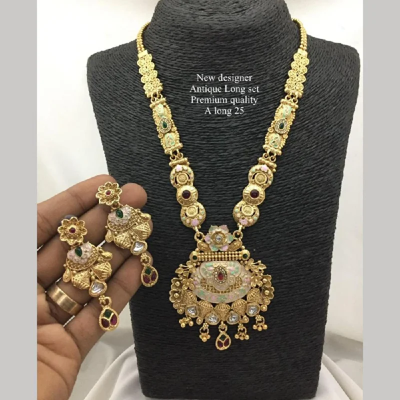 women’s ruby necklaces-FS Collection Antique Gold Plated Pota Stone And Pearls Long Necklace Set