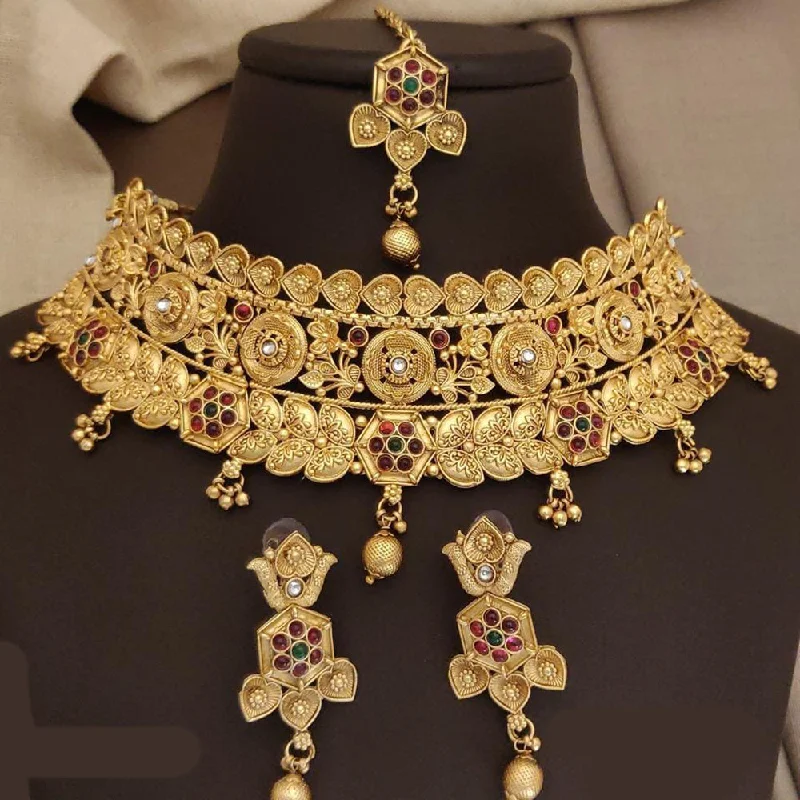 women’s classic necklaces-FS Collection Gold Plated Pota Choker Necklace Set