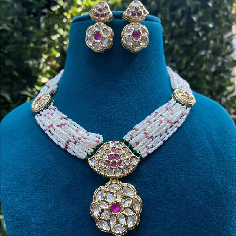 women’s multi-layered necklaces-Royal Kundan Jewellery Gold Plated Polki Kundan And Pearls Necklace Set