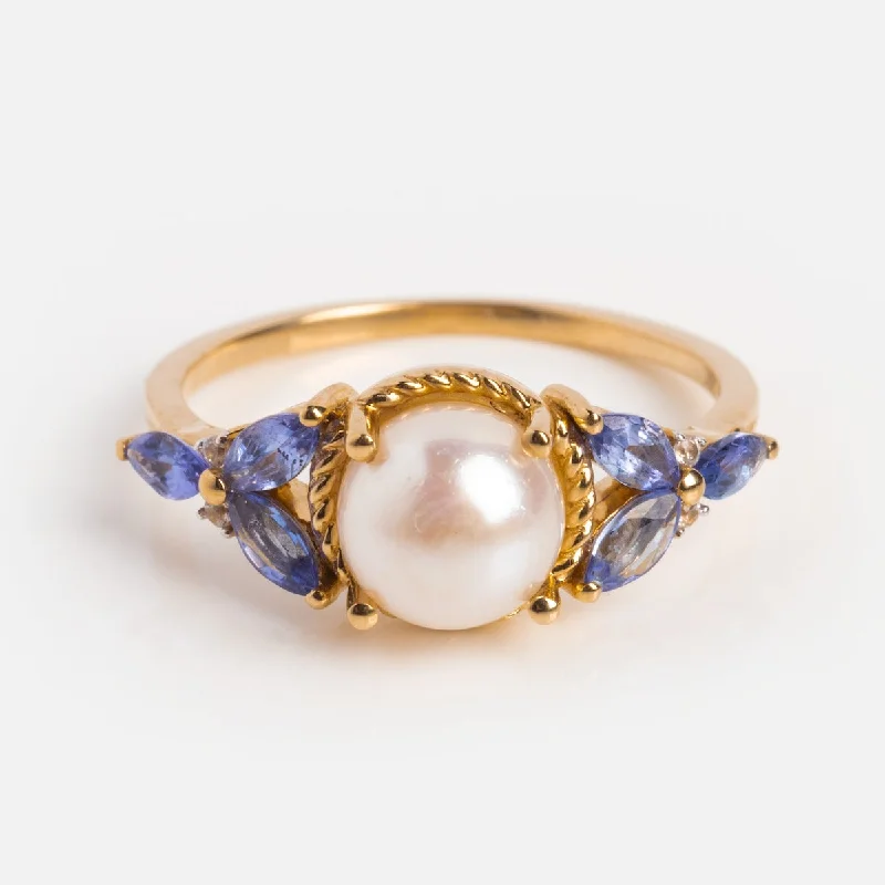 women’s custom gold rings-14k Vintage Inspired Pearl and Tanzanite Statement Ring