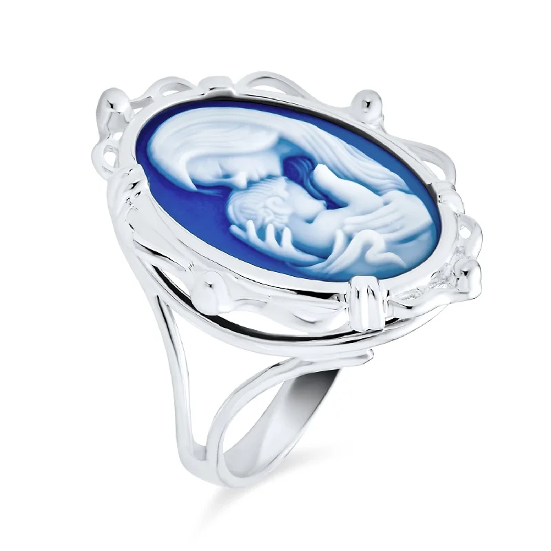 women’s adjustable rings-Classic Vintage Style Blue White Cameo Silver Ring for Mom - Victorian Lady Design