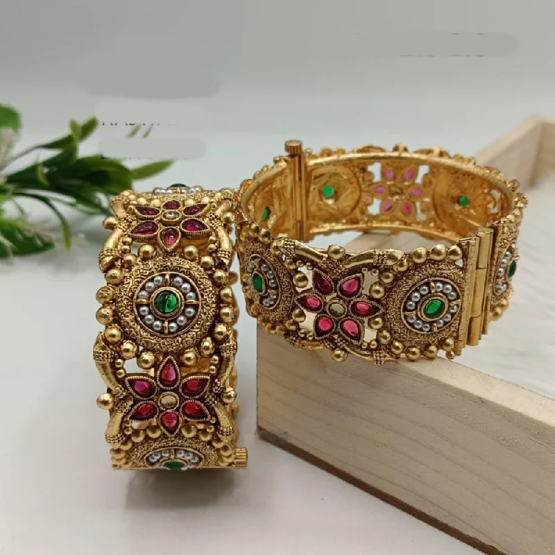 women’s vintage bangles-FS Collection Gold Plated Pota Stone And Pearls Openable Bangle Set