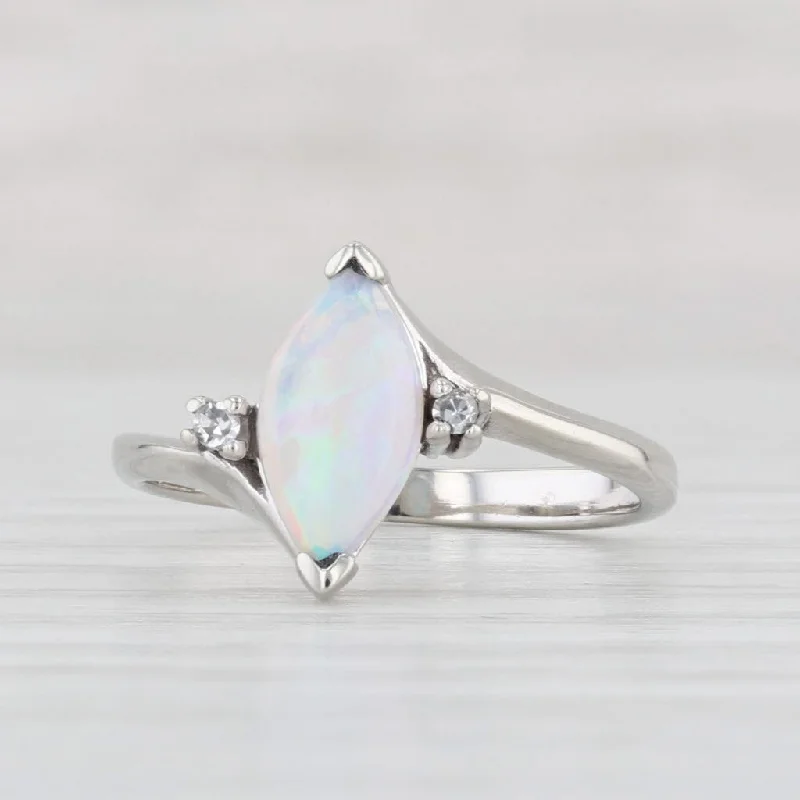 women’s halo sapphire engagement rings-Opal Diamond Ring 10k White Gold Size 4.5 Marquise Cabochon Solitaire