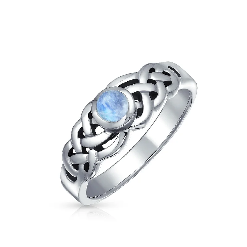 women’s solitaire rings-Rainbow Moonstone Celtic Knot Silver Ring Sterling June Birthstone