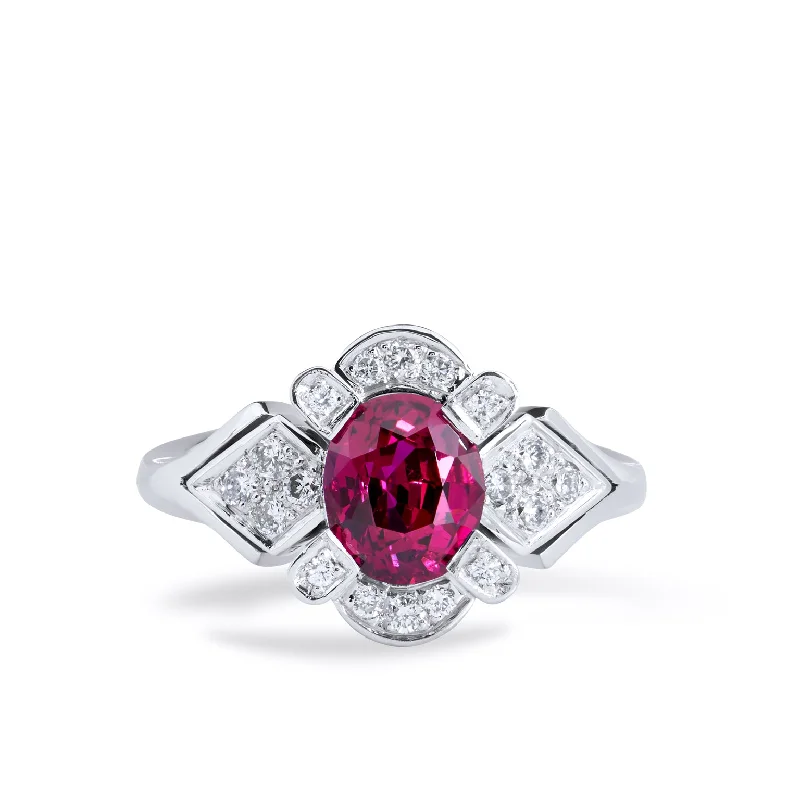 women’s engagement rings-Thai Oval Ruby Diamond Pave Platinum Ring