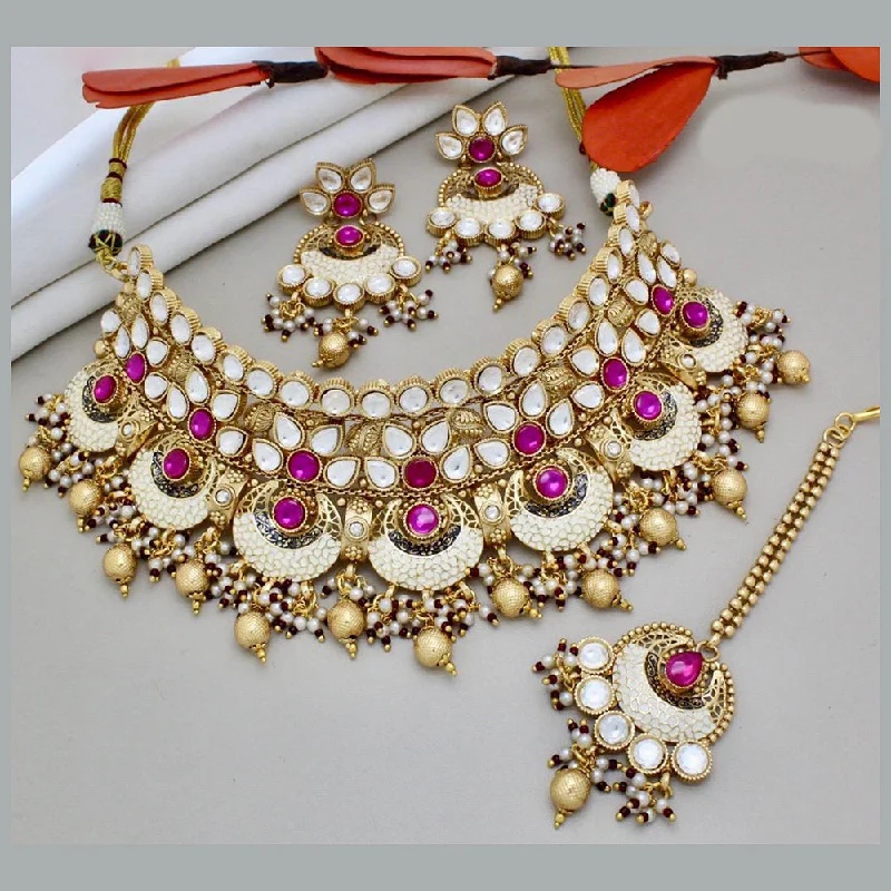 women’s twisted necklaces-India Art Gold Plated Pota Stone And Beads Choker And Meenakari Necklace Set