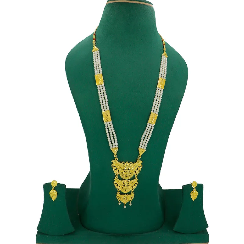 women’s gold choker necklaces-Mahavir Gold Plated Pearls Long Necklace Set