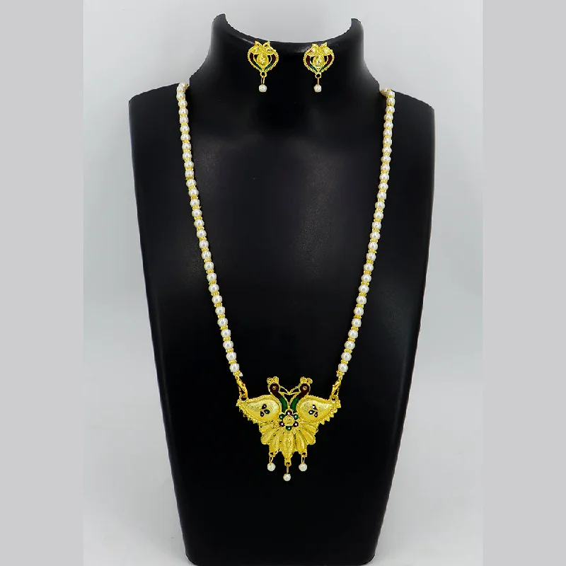 women’s precious stone necklaces-Mahavir Gold Plated Pearls Meenakari Long Necklace Set