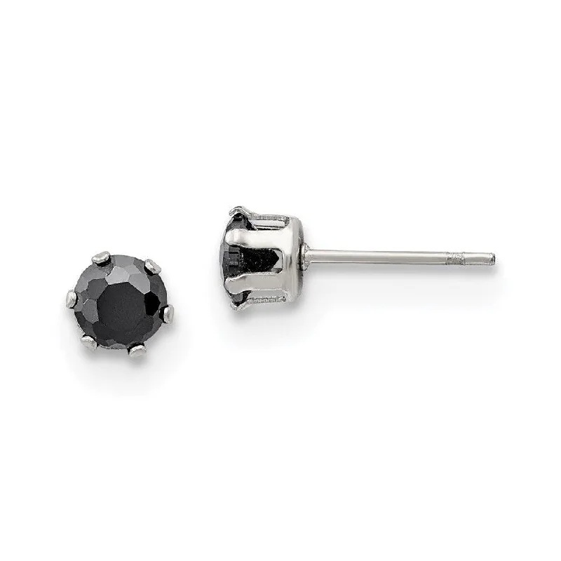 women’s sterling silver earrings-Stainless Steel Polished 5mm Black Round CZ Stud Post Earrings