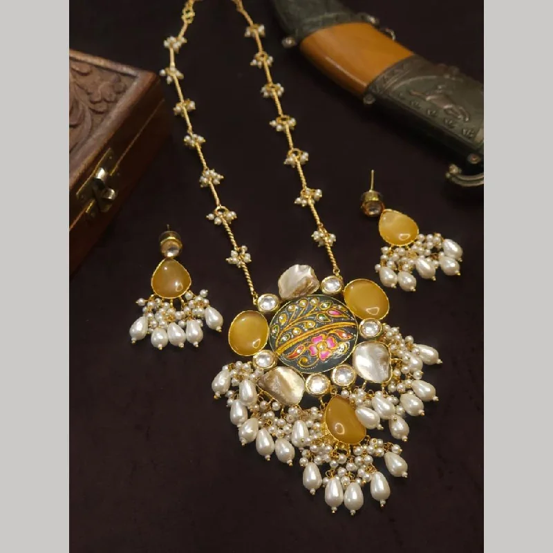 women’s vintage gold necklaces-FS Collection Gold Plated Mother Of Pearls Long Necklace Set