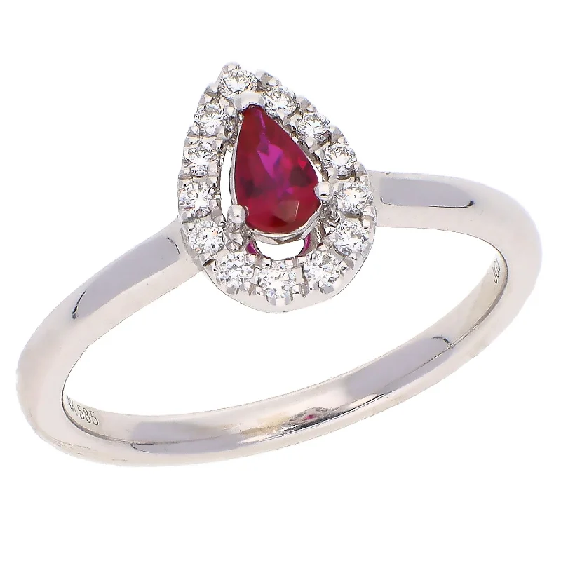 women’s custom-designed engagement rings-14K White Gold Halo Style Ruby and Brilliant Cut Diamond Ring