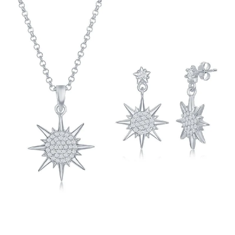 women’s infinity loop earrings-Sterling Silver CZ Sun Pendant & Earrings Set With Chain