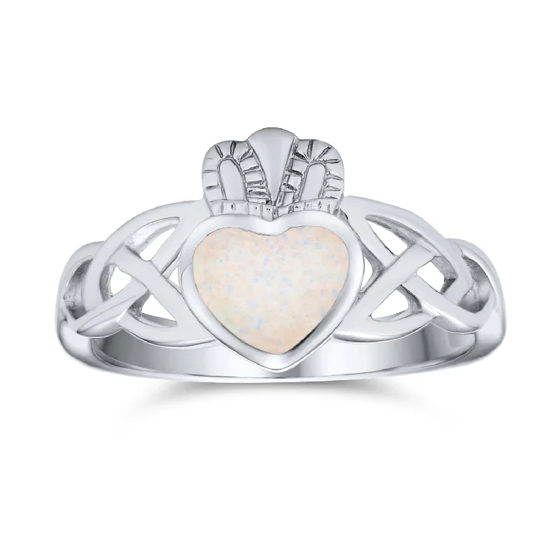 women’s stackable rings-BFF Celtic Irish Friendship Silver Ring with Created Opal Claddagh October Birthstone