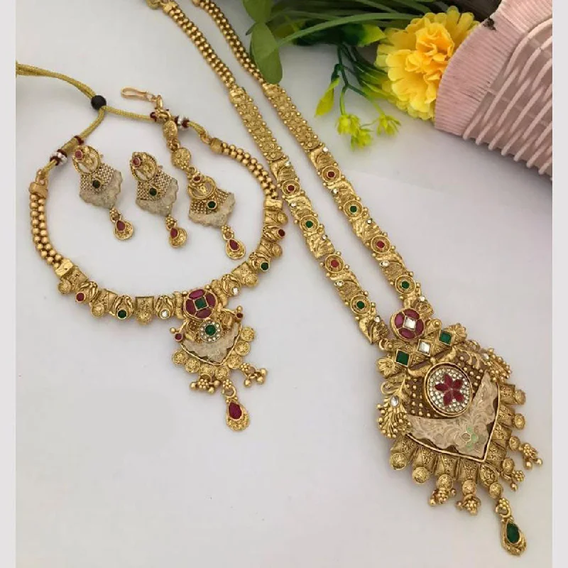 women’s customized necklaces-FS Collection Gold Plated Pota Stone And Meenakari Double Necklace Set