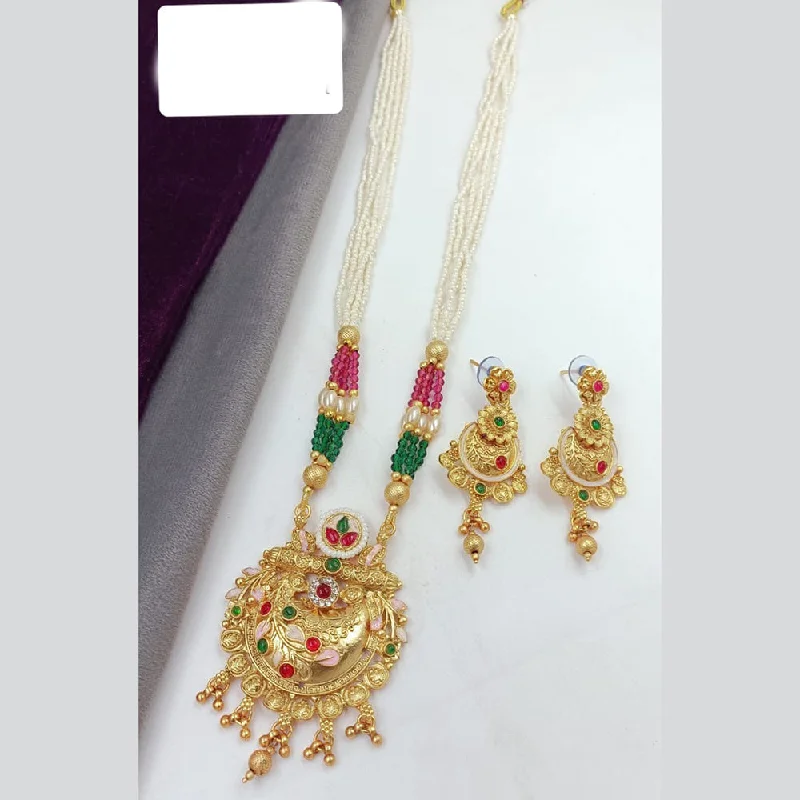 women’s initial pendant necklaces-Manisha Jewellery Gold Plated Pota Stone And Pearls Meenakari Long Necklace Set