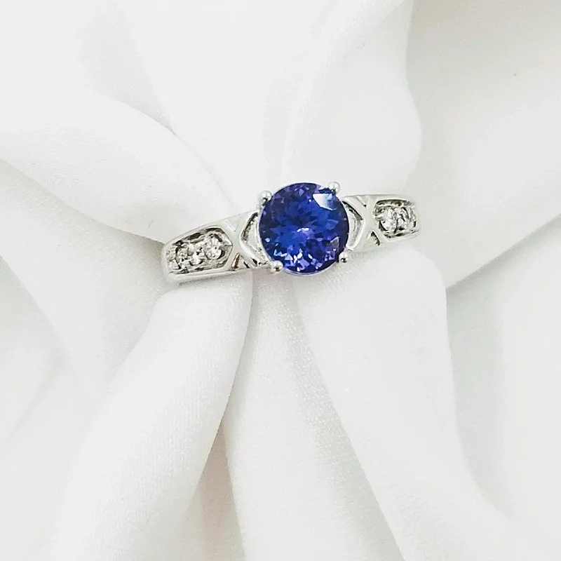 women’s halo engagement rings with diamonds-White Gold Round Tanzanite and Diamond Ring