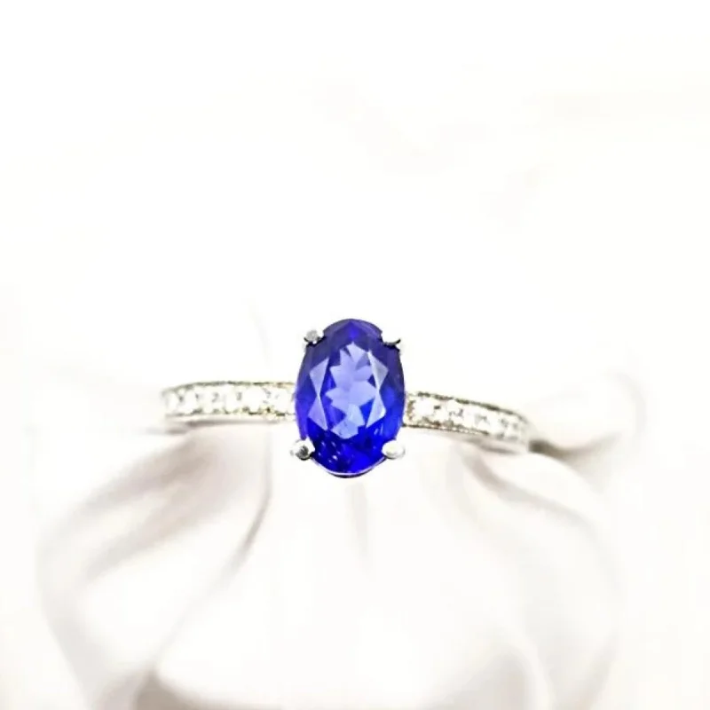 women’s affordable platinum engagement rings-White Gold Oval Tanzanite and Diamond Ring