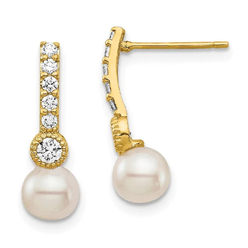 women’s infinity earrings-14K 6mm White Semi-round Freshwater Cultured Pearl CZ Post Drop Earrings