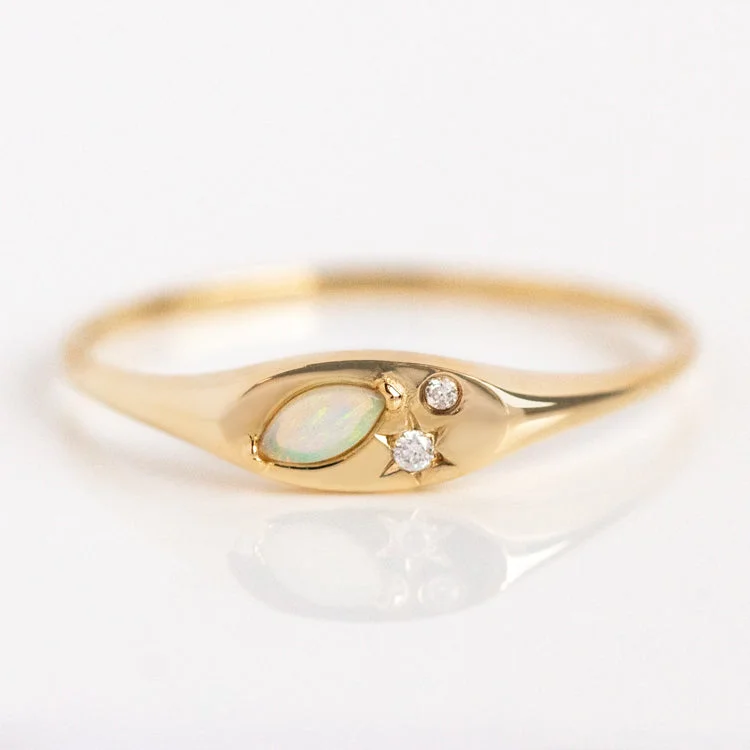 women’s princess cut rings-Solid Gold Opal and Diamond Signet Ring