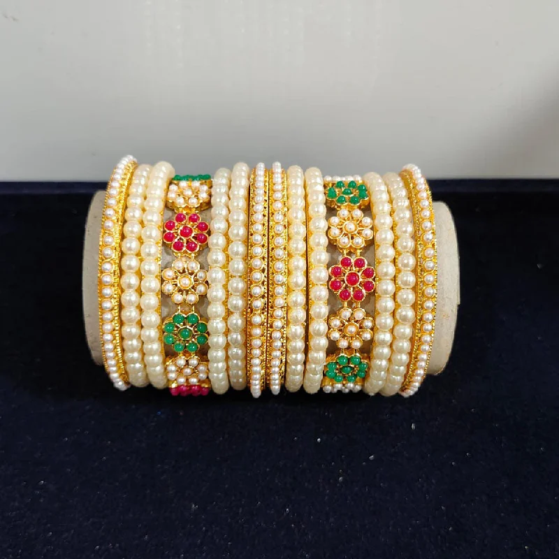 women’s adjustable bracelets-Pooja Bangles Gold Plated Pearls Bangles Set