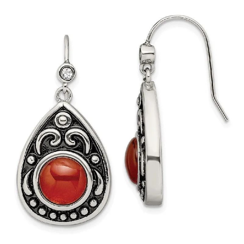 women’s fashion earrings-Stainless Steel Polished/Antiqued Red Agate/CZ Dangle Earrings