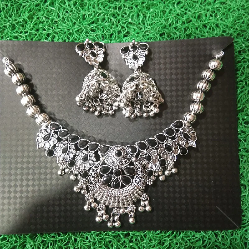 women’s pearl and diamond necklaces-Sanjana Jewels Oxidised Plated Pota Stone Necklace Set