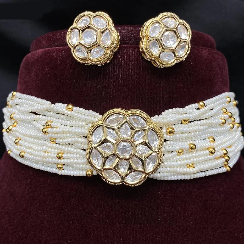 women’s designer gold necklaces-Royal Kundan Jewellery Gold Plated Polki Kundan And Pearls Choker Necklace Set