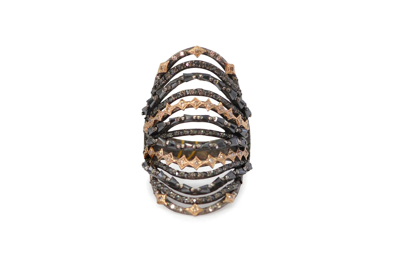 women’s fashion rings-Rose Gold and Grey Sterling Silver Multi-Banded Cocktail Ring