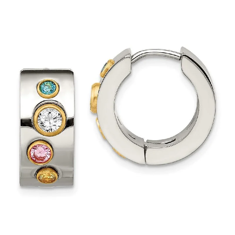 women’s gemstone earrings-Stainless Steel Multicolor CZ & IP-plated Hinged Hoop Earrings