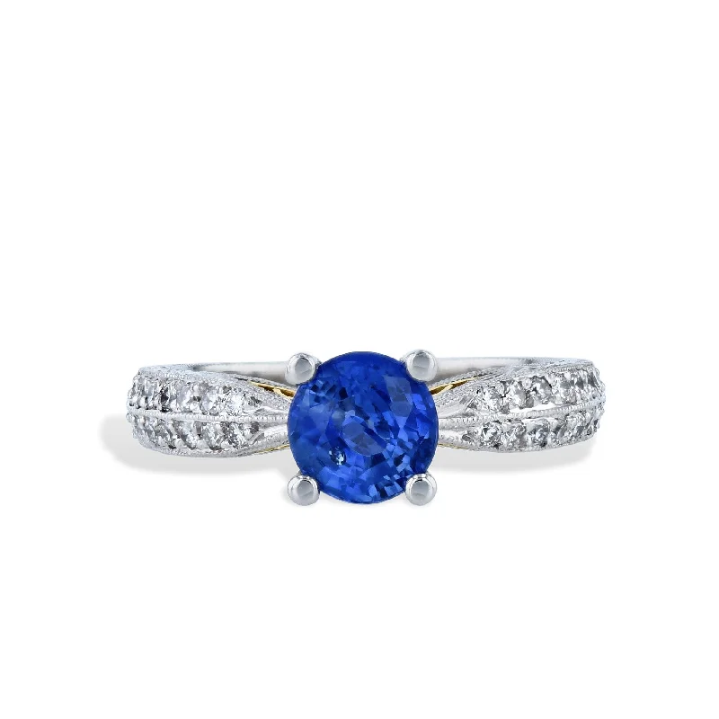 women’s wedding rings with diamonds-Blue Sapphire Diamond Platinum Estate Ring