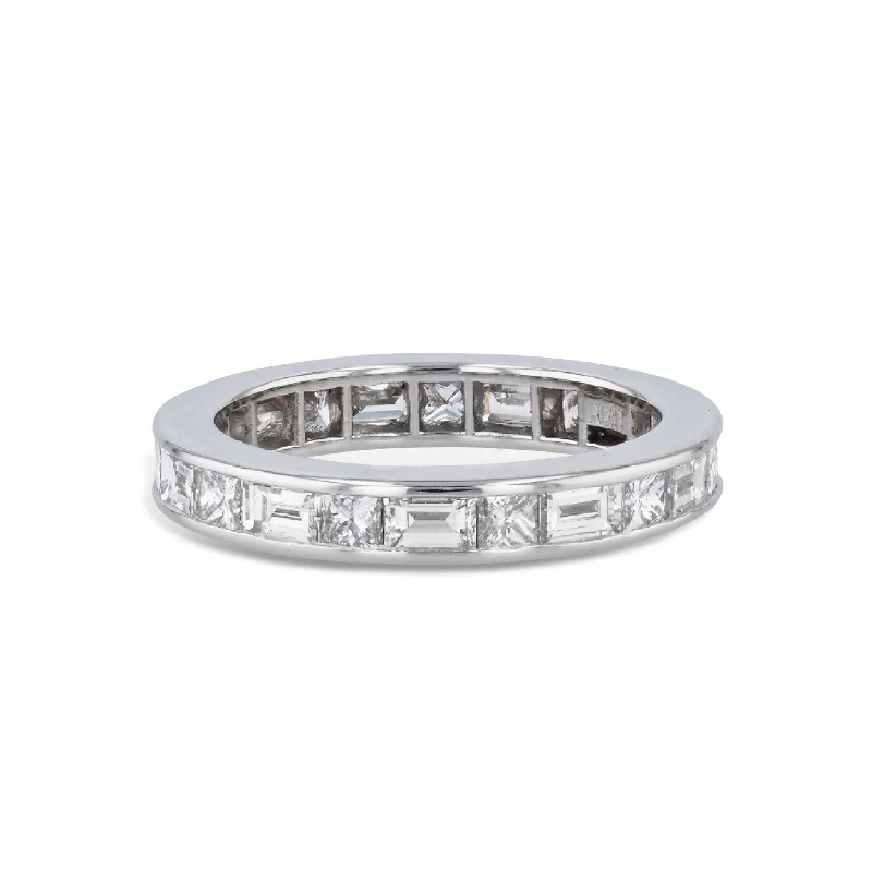 women’s oval gemstone rings-Baguette and Princess Cut Diamond Platinum Estate Eternity Band