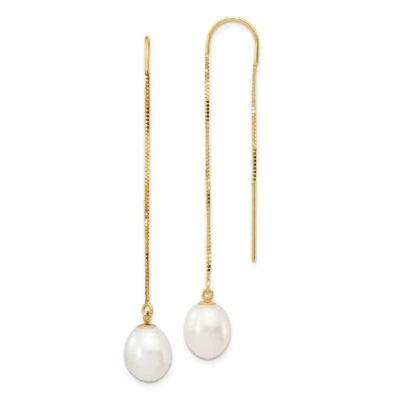 women’s cute earrings-14k 7-8mm White Rice FW Cultured Pearl Box Chain Threader Earrings