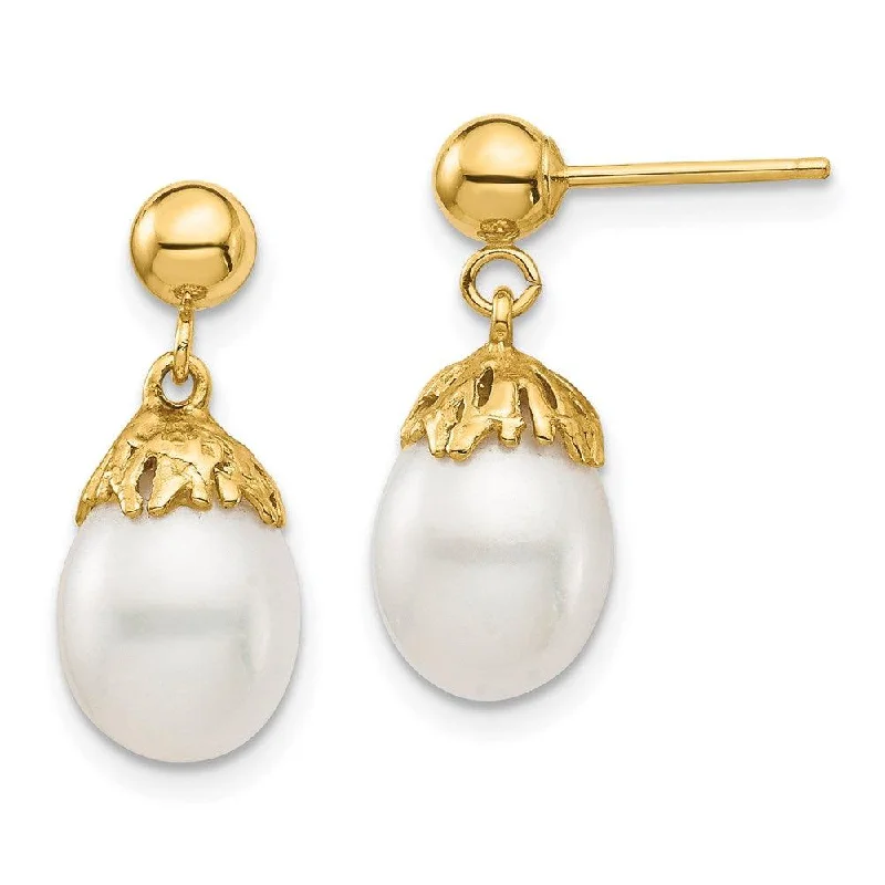 women’s cubic zirconia earrings-14K 7-8mm White Rice Freshwater Cultured Pearl Dangle Post Earrings