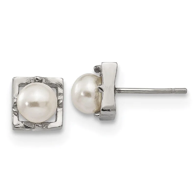 women’s fashion drop earrings-Stainless Steel Polished Simulated Pearl Square Post Earrings