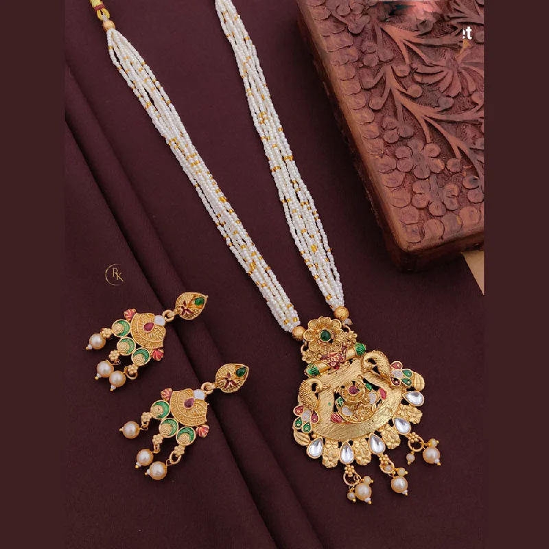 women’s statement gold necklaces-Akruti Collection Gold Plated Pota Stone And Pearls Long Necklace Set