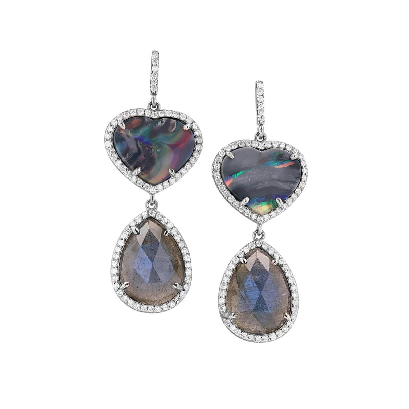 women’s flower earrings-Opal Heart and Labradorite Double Drop Earrings  SE000055