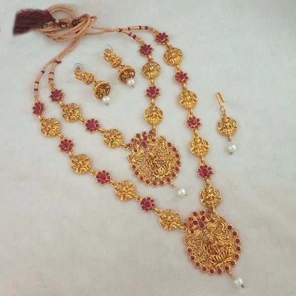 women’s classic pearl necklaces-Darshana Jewels Maroon Stone Double Gold Plated Necklace Set - FAP0272