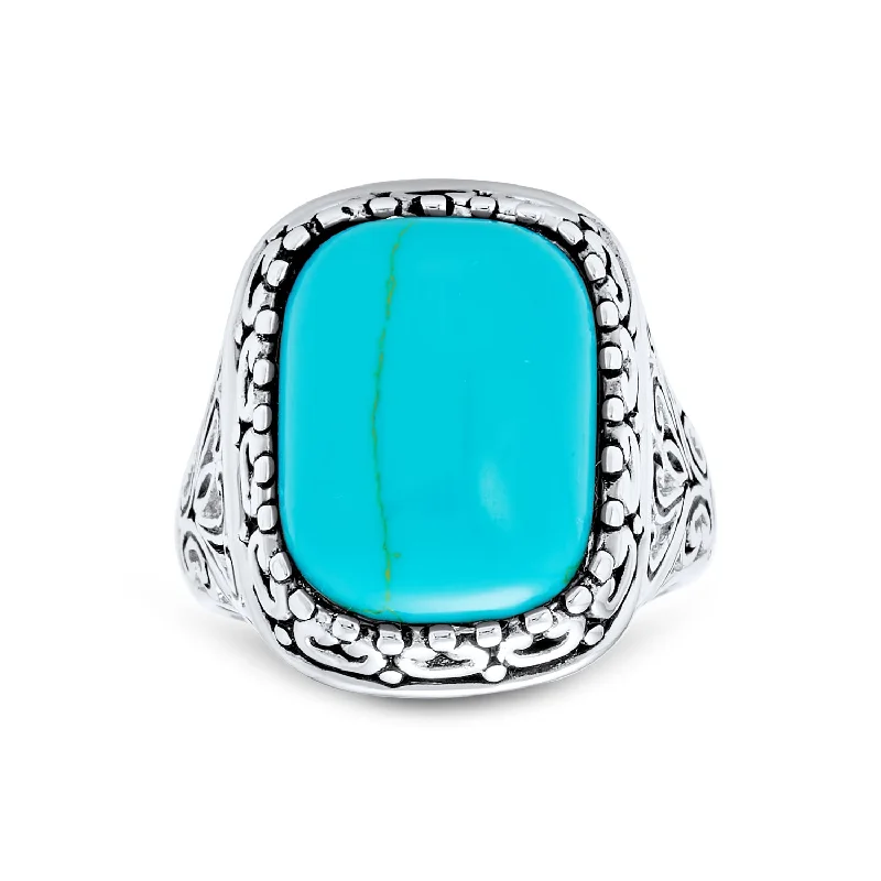 women’s luxury wedding rings-Southwest Boho Silver Ring with Blue Turquoise Gemstone and Filigree Scroll Band