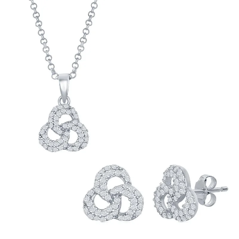 women’s silver earrings-Classic Women's Pendant and Earrings Set - Sterling Silver CZ Triple Ring | SET-421