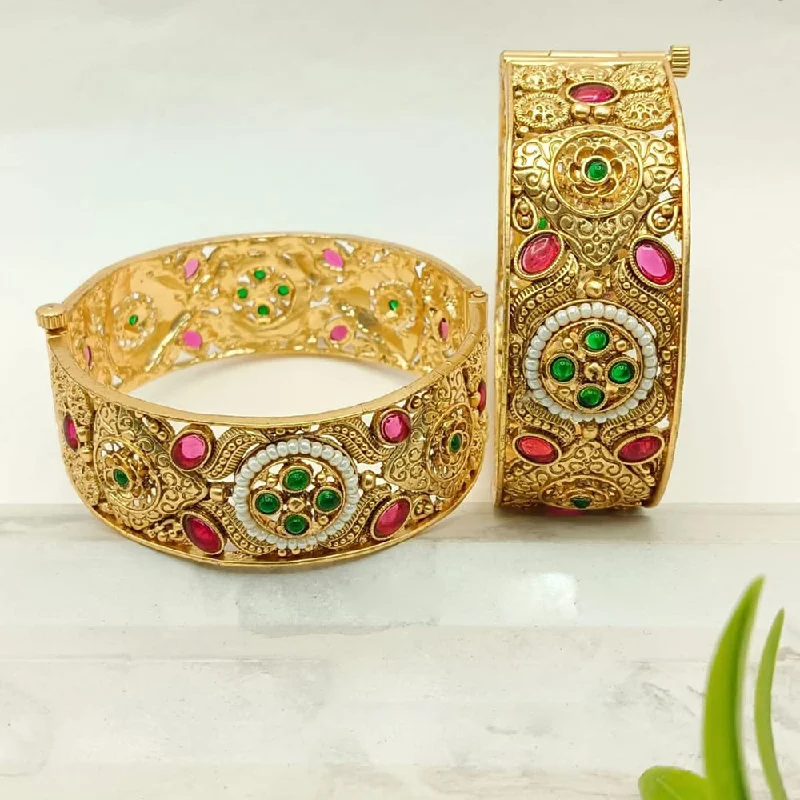 women’s elegant bangles-FS Collection Gold Plated Pota Stone And Pearls Openable Bangle Set