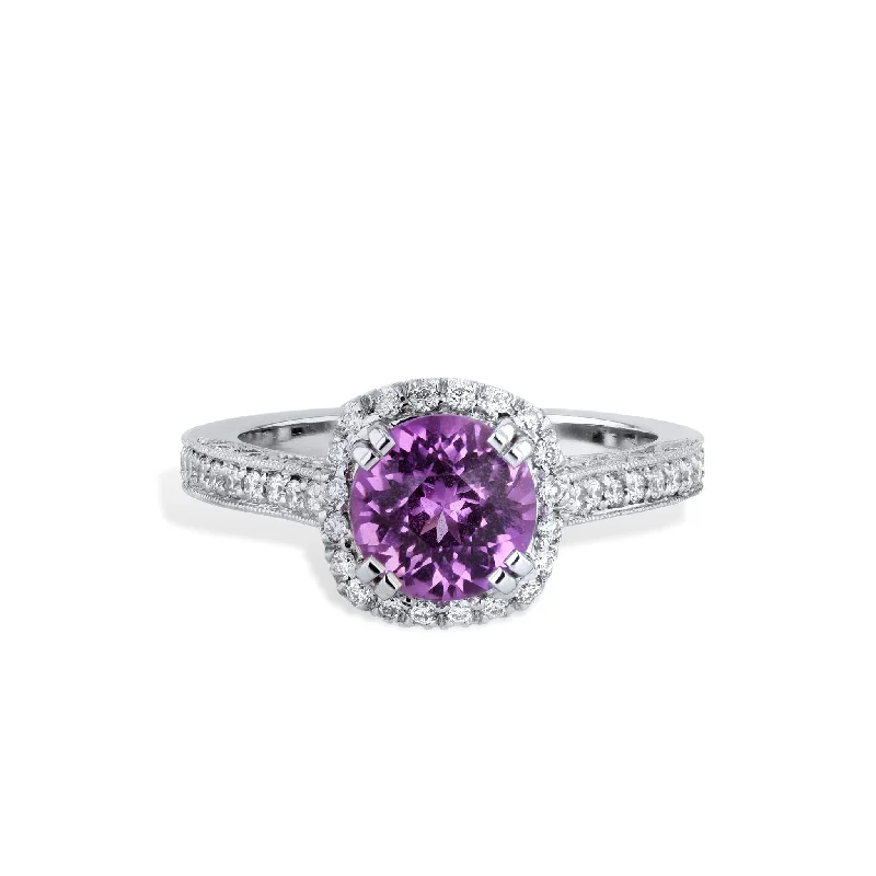 women’s chic rings-Intense Pink Sapphire Pave Diamond Platinum Ring