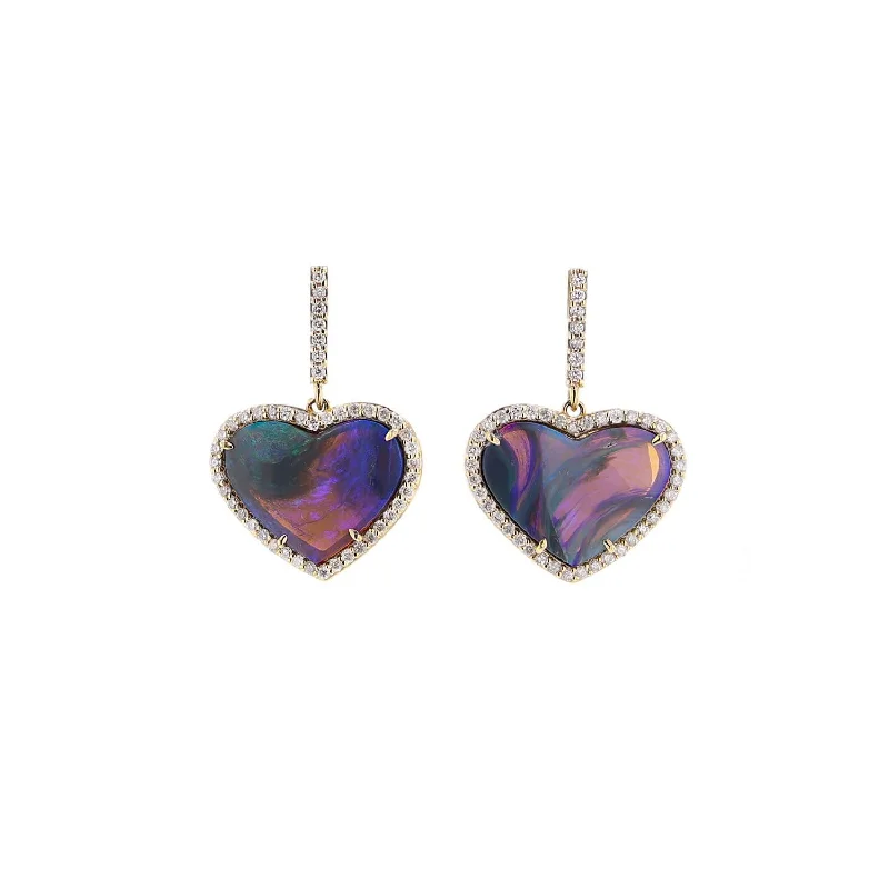 women’s rhinestone earrings-Purple Boulder Opal Heart Earrings in 14k Gold and Diamond Setting SEG00043