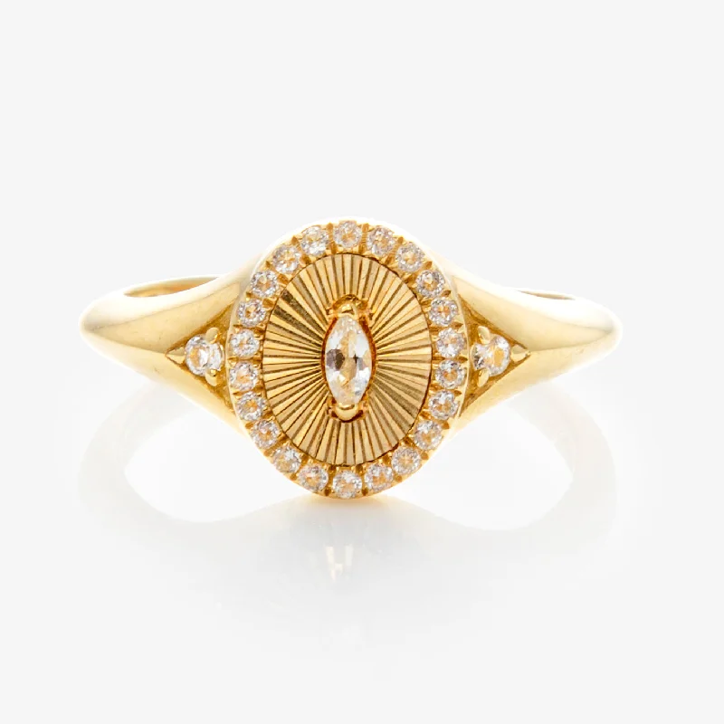 women’s trendy rings-Solid Gold White Topaz Etched Signet Pinky Ring