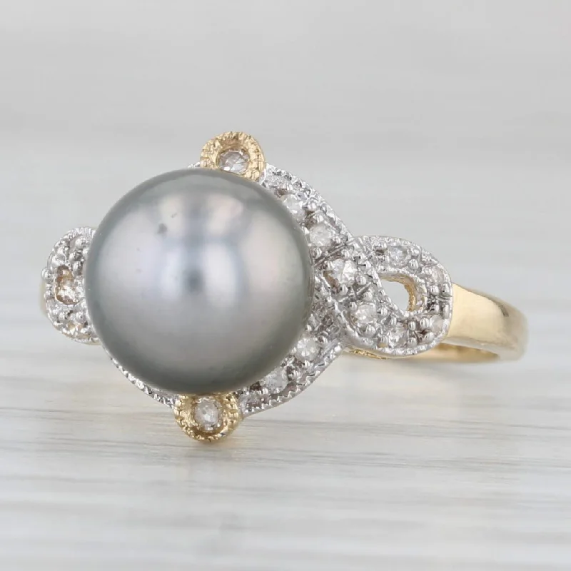 women’s vintage-inspired engagement rings-Cultured Black Pearl Diamond Ring 14k Yellow Gold Size 6.25