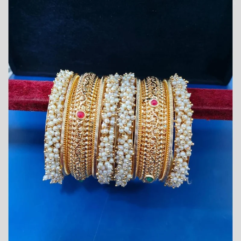 women’s thin bangles-Pooja Bangles Gold Plated  Pota Stone And  Pearls Bangle  Set