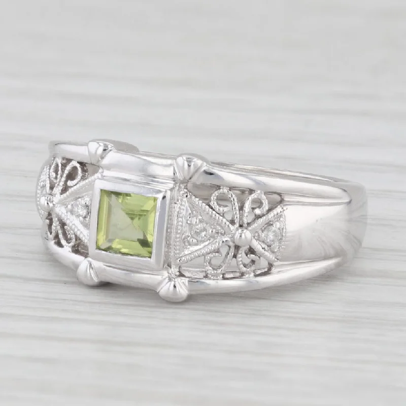 women’s solitaire diamond engagement rings-0.44ctw Peridot Diamond Ring 14k White Gold Filigree Size 7.25