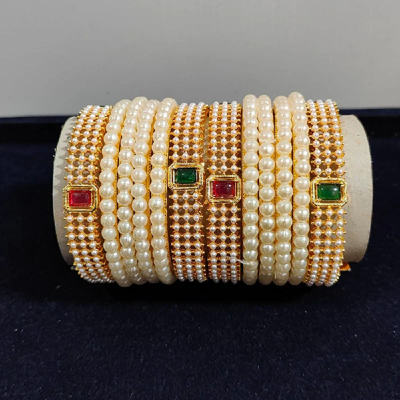 women’s engraved bracelets-Pooja Bangles Gold Plated Crystal Stone And Pearls Bangles Set