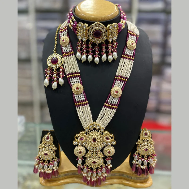 women’s elegant chain necklaces-JCM Gold Plated Kundan Stone And Pearls Double Necklace Set